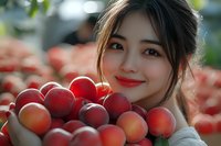 Young Asian woman smiling warmly while holding fresh red peaches at farmers market, natural daylight creates soft bokeh effect in background, lifestyle portrait.