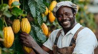 African farmer in traditional workwear harvesting fresh yellow cocoa pods from tree, showing genuine smile while working at sustainable plantation farm.