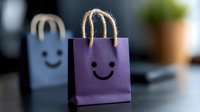 Purple paper shopping bag with smiley face and rope handles on dark surface, blue bag in background. Retail marketing concept for happy shopping experience.