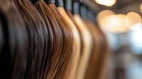 Rows of natural hair wigs in various brown and blonde shades displayed in salon, soft focus with bokeh lights creating luxurious atmosphere. Professional hairpiece collection.