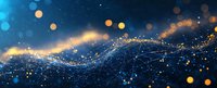 Abstract network wave with glowing particles and bokeh lights on dark blue background. Digital technology concept for presentations and web design.