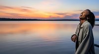Man with dreadlocks wearing casual shirt standing by calm lake at sunset, looking upward with peaceful expression during golden hour reflection.