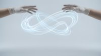 Hands creating glowing energy connection with flowing light streams between palms representing power transfer, healing touch and spiritual energy exchange.
