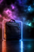 Black leather backpack illuminated by vibrant neon pink and blue lights against dark atmospheric background with glowing reflections on glossy surface.