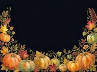 Autumn harvest arrangement with pumpkins, gourds, and fall foliage on dark background. Isolated design element suitable for seasonal greeting cards, invitations, and autumn-themed projects.