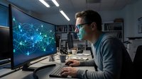 Young adult male with dark hair and glasses, wearing casual gray clothing, working at a computer displaying a glowing global network map with interconnected nodes and lines, representing data connectivity and digital communication in a modern office environment.