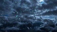 Digital network constellation overlay on dramatic stormy cloudscape with glowing connection points and data pathways for technology concepts.