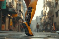 Futuristic yellow prosthetic leg with mechanical details walking on urban street with blurred city background, representing advanced medical technology.