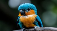 Colorful parrot with bright blue and orange plumage perched on wooden branch against blurred natural background for wildlife and nature projects.
