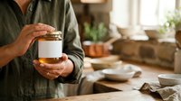 Artisan holding glass jar with natural skincare product in rustic kitchen studio setting for cosmetics, wellness and organic beauty branding.