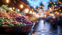 Fresh colorful vegetables and herbs displayed in wicker basket at bustling outdoor market with warm bokeh lights creating cozy evening atmosphere.