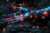 Glowing cosmic hand with luminous network of stars and energy connections against dark background, representing digital transformation and future technology.