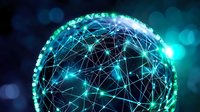 Glowing network sphere with connected dots and lines in turquoise blue against dark background, representing global digital connectivity and artificial intelligence.