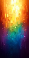 Abstract geometric background with vibrant gradient from orange to blue, featuring floating rectangular shapes and light particles in a dynamic vertical composition.