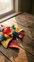Colorful tortilla chips scattered on rustic wooden table near window with natural lighting for snack food and appetizer concepts.