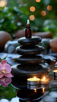 Essential oil bottle on balanced black spa stones with orchid flower and burning candles against blurred bokeh background in wellness center.