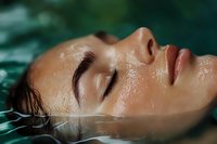 Young woman with wet glowing skin floating in dark turquoise water. Closeup profile view shows closed eyes, natural makeup and peaceful expression. Spa and wellness concept.