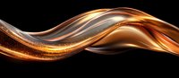 Flowing golden waves with shimmering particles create dynamic motion effect against black background, abstract luxury design element for modern layouts.