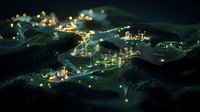 Glowing network of interconnected buildings and pathways creating futuristic cityscape at night with illuminated dots representing data flow and connectivity across digital landscape.