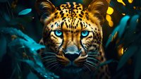 Majestic leopard with bright blue eyes gazing intensely through tropical foliage against dark background with golden bokeh lights, dramatic wildlife portrait.