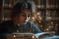 Young woman with curly hair reading book in library while magical glowing particles and mathematical formulas float around in warm atmospheric light.
