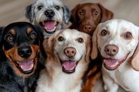 Group portrait of happy smiling dogs of different breeds looking at camera. Close up of friendly pet faces showing joy and positive emotions.