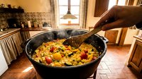 Stirring colorful vegetables and eggs in a large black skillet in a bright kitchen with warm natural light, perfect for cooking, recipe, and food preparation content.