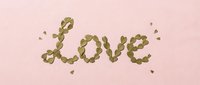 Word Love spelled out with small green leaves on a soft pink background, romantic botanical lettering for Valentine's Day cards and wedding designs.