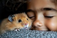 Young child lying close to golden hamster on gray carpet, intimate moment showing bond between pet and owner, soft natural lighting creates gentle atmosphere.