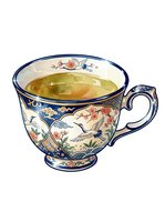Vintage porcelain teacup with ornate blue and floral design, filled with golden tea. Isolated on white background, ready for design projects.