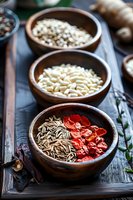 Wooden bowls with assorted spices, dried chili peppers and rice on rustic dark table. Natural ingredients for Asian cuisine in traditional ceramic dishes.