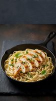 Grilled chicken breast with herbs served over fresh pasta in cast iron skillet on dark slate background for restaurant menu and cooking content.