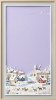 Winter village landscape with snow-covered houses, church, evergreen trees, grazing deer, crescent moon and stars in lavender sky. Framed paper cut art for seasonal home decor.