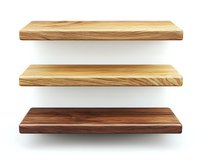 Empty wooden shelves isolated on white background. Natural oak and walnut floating wall shelves for retail display and home organization.