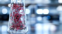 Red molecular structure model in glass laboratory flask against blurred scientific background with bokeh lights for research and chemistry concepts.