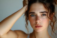 Young Caucasian woman with natural makeup, blue eyes and messy dark hair updo poses against light background in intimate beauty portrait with soft window lighting.