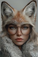 Young woman with freckles and glasses wearing fox-inspired winter hat and knit scarf, close-up portrait with piercing blue eyes and natural makeup.