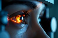 Close-up macro shot of female eye with orange and blue color contrast, dramatic lighting creates futuristic cyberpunk mood for creative digital art and design projects.