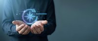 Businessman holding glowing compass with administration text, representing digital navigation and business direction strategy for corporate guidance concepts.