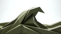 Abstract geometric landscape with angular mountain peaks in olive green tones. Modern low poly terrain design for contemporary digital projects.