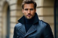 Handsome young Caucasian businessman in navy blue coat and turtleneck standing confidently outdoors with blurred urban architecture background.