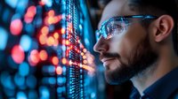 Young bearded Asian male IT specialist in glasses examining digital data streams with blue and red bokeh lights in dark server room background.