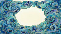 Ornate blue and teal swirl border frame with empty center space for text or design elements, decorative cloud-like patterns in watercolor style.
