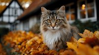 Adorable fluffy tabby cat with striking amber eyes sitting among vibrant orange autumn leaves in cozy residential setting with warm bokeh lights.