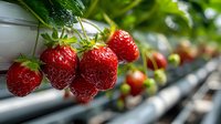 Fresh ripe strawberries growing on plants in greenhouse agriculture farm with green leaves and red berries ready for harvest in organic cultivation system.