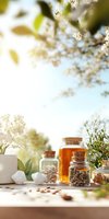Glass jars with honey and dried herbs on wooden surface against blooming spring tree branches and soft sunlight background, creating natural wellness atmosphere.