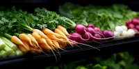 Fresh organic root vegetables including carrots, radishes and turnips with green tops arranged at farmers market display for healthy cooking and nutrition.