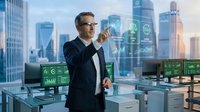Middle-aged Caucasian businessman in suit interacting with holographic digital interface displaying data analytics in modern office cityscape.