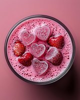 Pink strawberry smoothie with heart-shaped ice cubes and fresh berries in glass on pink background for Valentine's Day romantic breakfast concept.
