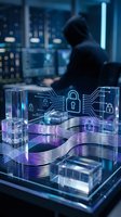 Cybersecurity concept with holographic lock icons and data protection symbols over glass cubes while hacker silhouette works on computer in dark office.
